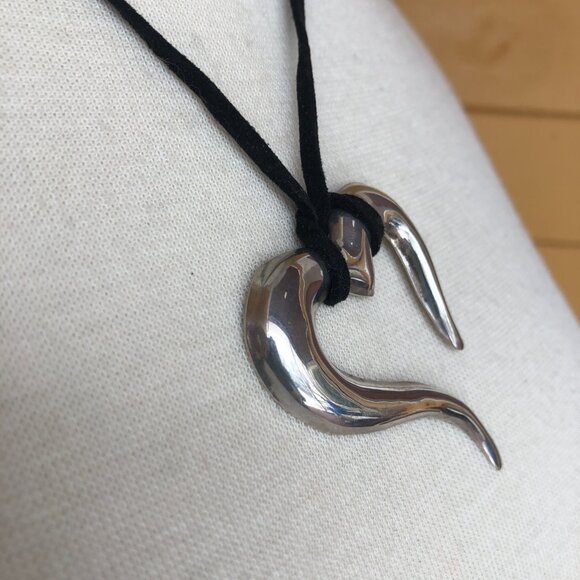 Sterling Open Free Form Asymmetric Heart Pendant on Black Suede Cord Necklace - Picture 4 of 6